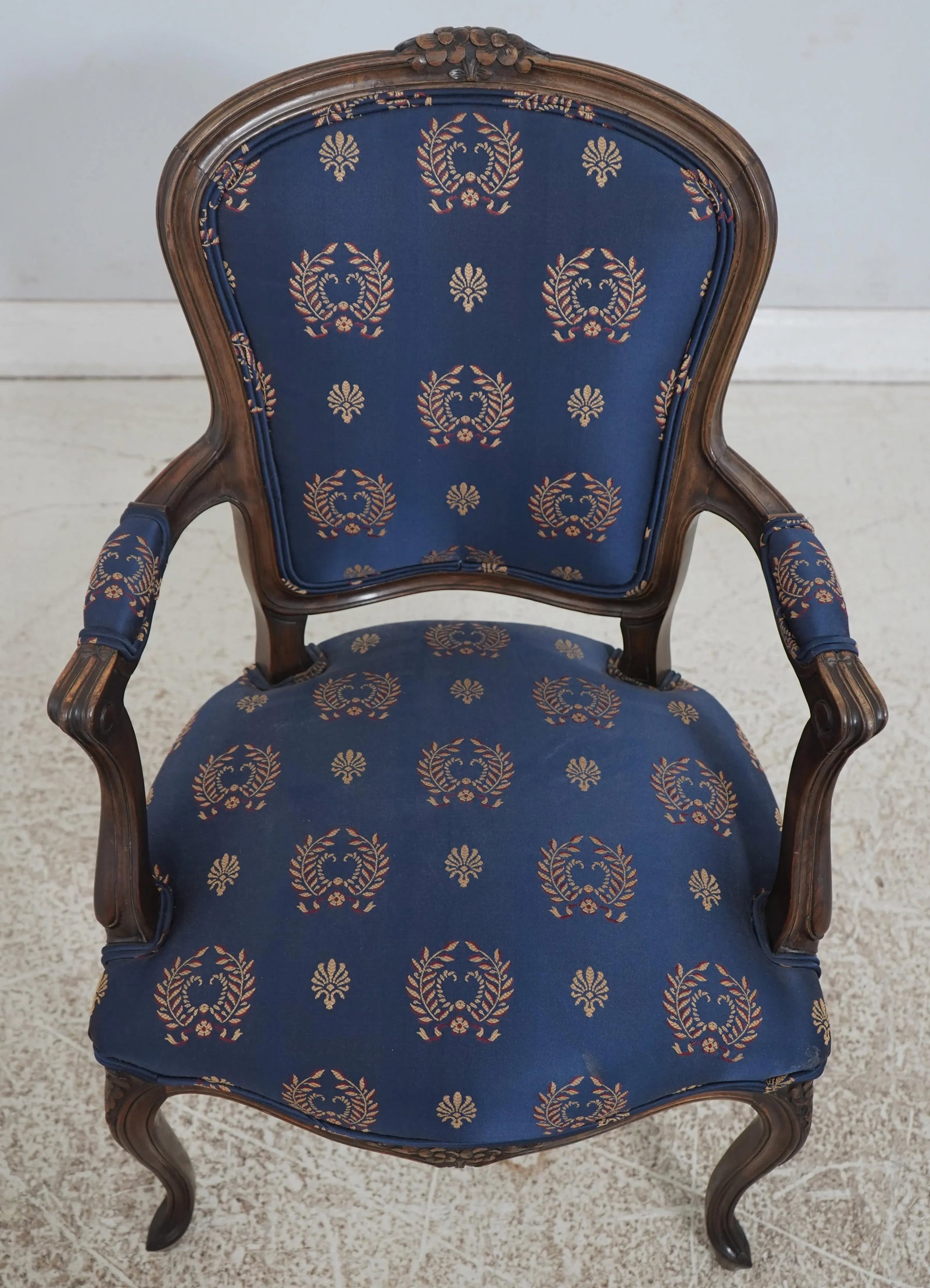 Pair Vintage French Louis XV Style Open Arm Upholstered Chairs - 2