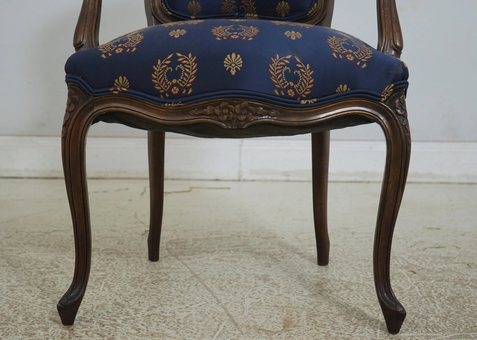 Pair Vintage French Louis XV Style Open Arm Upholstered Chairs - 6