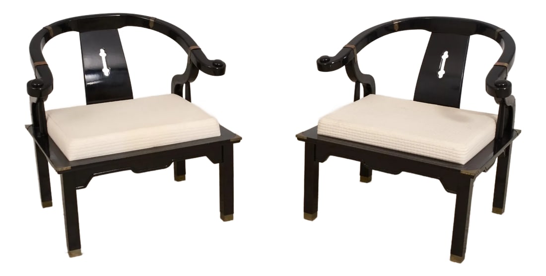 Pair Pallavisini Asian Inspired Mid Century Modern Black Chairs: Age: Approx: 30 Years Old Details: Modern Design Quality Construction High Sheen Black Lacquer Finish Asian Inspired Condition: Excellent Original Finish & Condition Size: 30.5w x 23d x 30.5h Arm heig