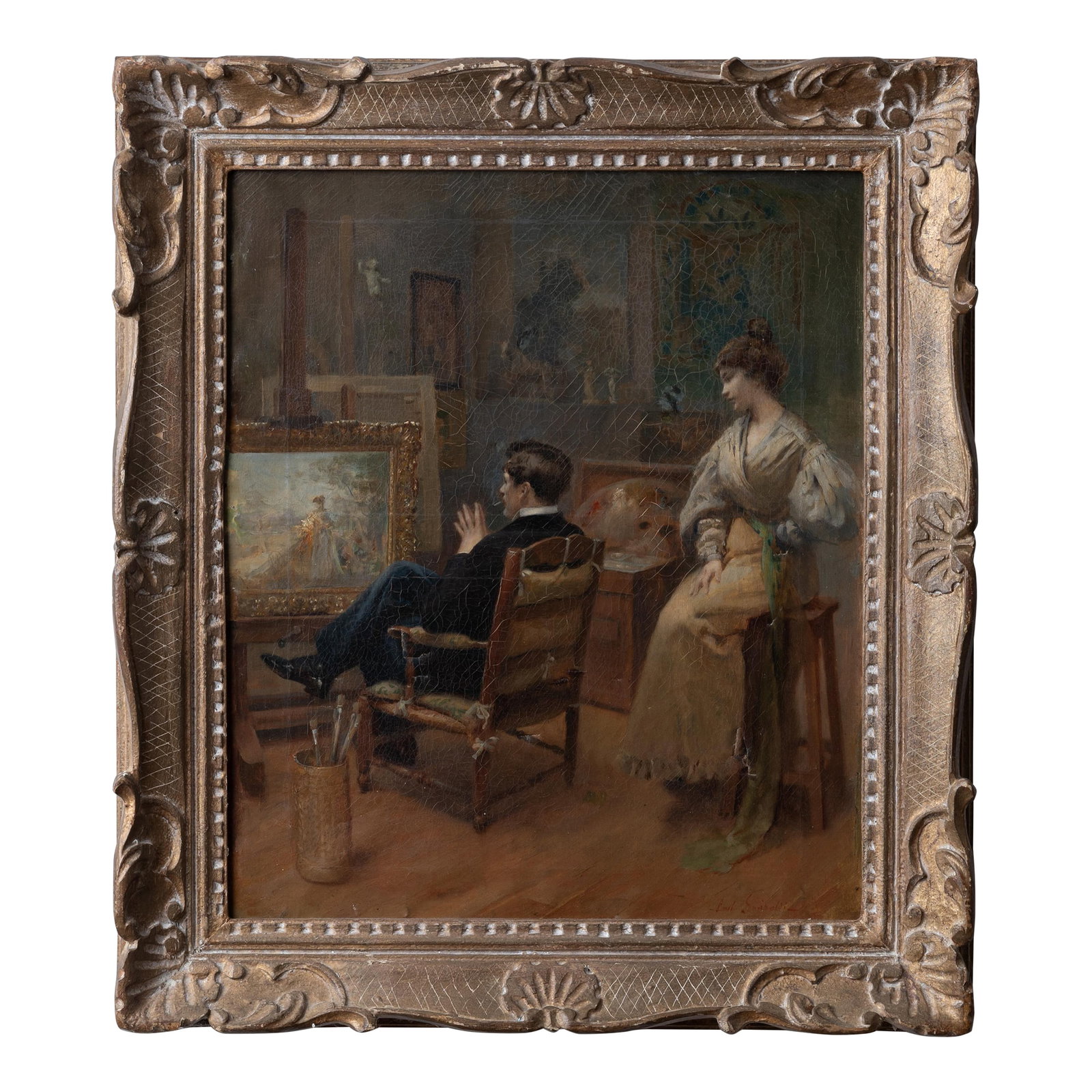 Jean Paul Sinibaldi Painting: Jean Paul Sinibaldi (French, 1857-1909) An oil on canvas of a Parisian artist in his studio with woman in Japonisme fashion, circa 1885. Sinibaldi studied at Ecole des Beaux-Arts under Alfred