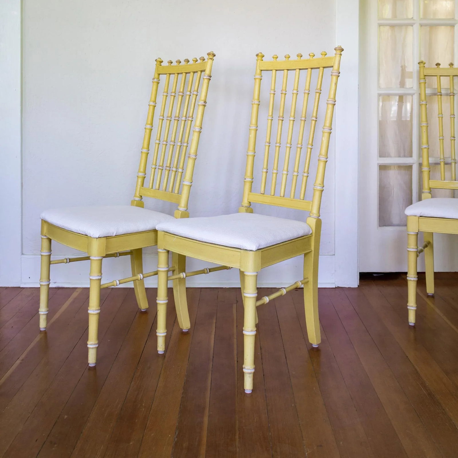 Four Thomasville Faux Bamboo Dining Chairs in Butter Yellow - 4