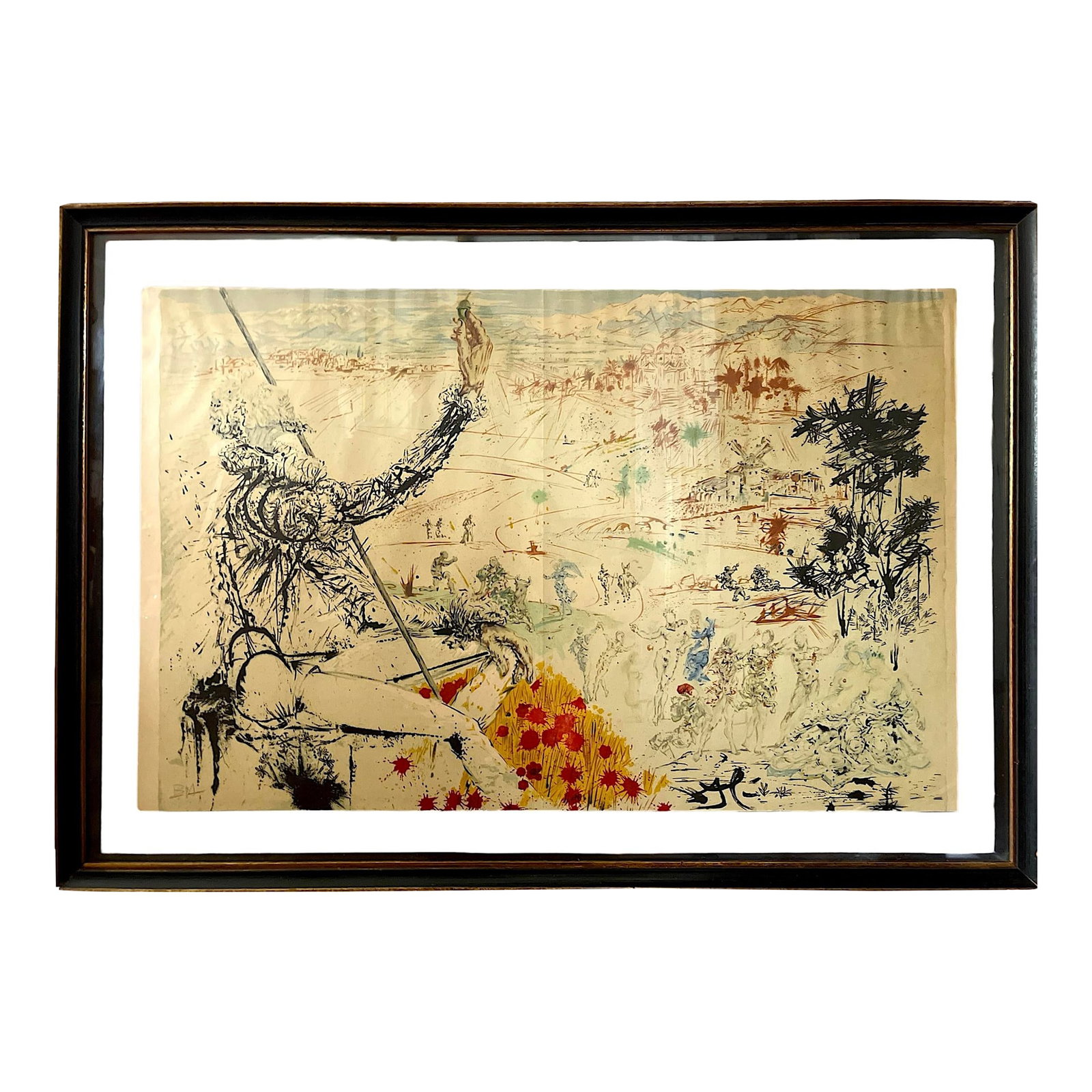 Framed 1950s Signed Salvador Dali Lithograph Don Quixote l'Age d'Or From Don Quichotte De La Mancha: A captivating signed Salvador Dali L'age d'or from Don Quichotte de la Mancha lithograph depicting Don Quixote in an expressive and dreamlike surrealist style. The composition features the noble