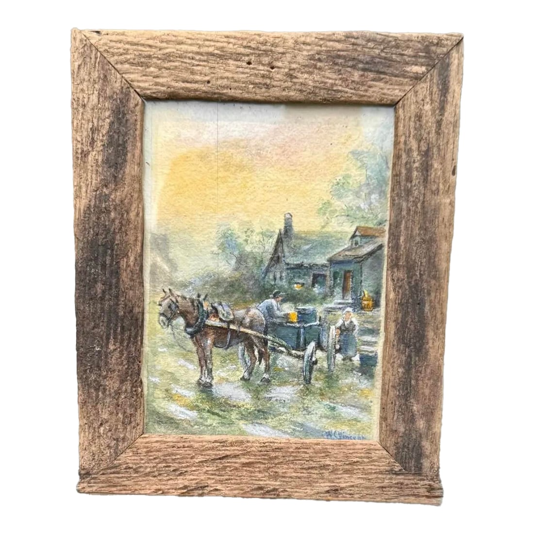 1920s Signed w.c. Vincent Country Farm Scene Watercolor Framed 8.5''*6.5'': Original 1920s watercolor by W.C. Vincent, signed lower right, depicting a serene country farm in soft washes of green and brown. The 4''*5.5'' image sits under glass. Housed in a weathered wood