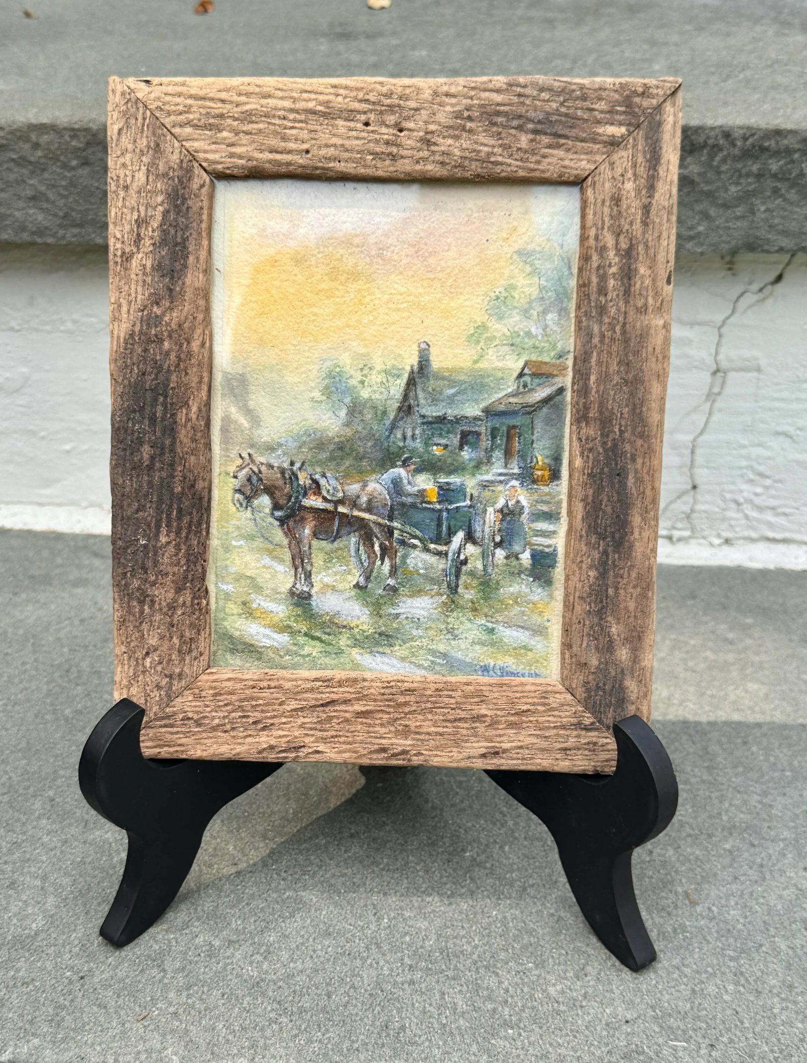 1920s Signed w.c. Vincent Country Farm Scene Watercolor Framed 8.5''*6.5'' - 2