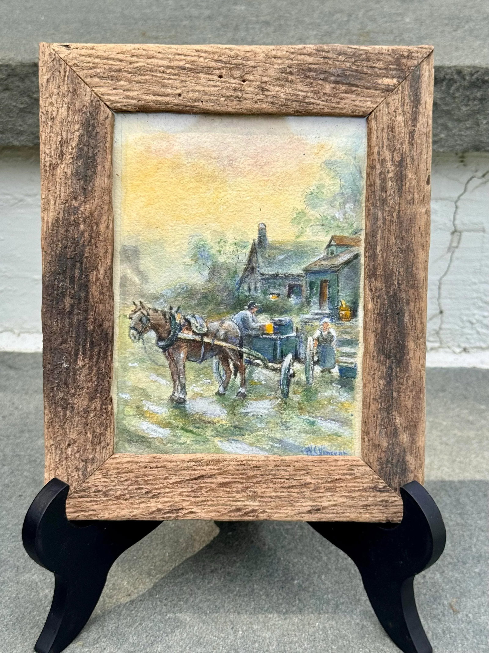1920s Signed w.c. Vincent Country Farm Scene Watercolor Framed 8.5''*6.5'' - 3