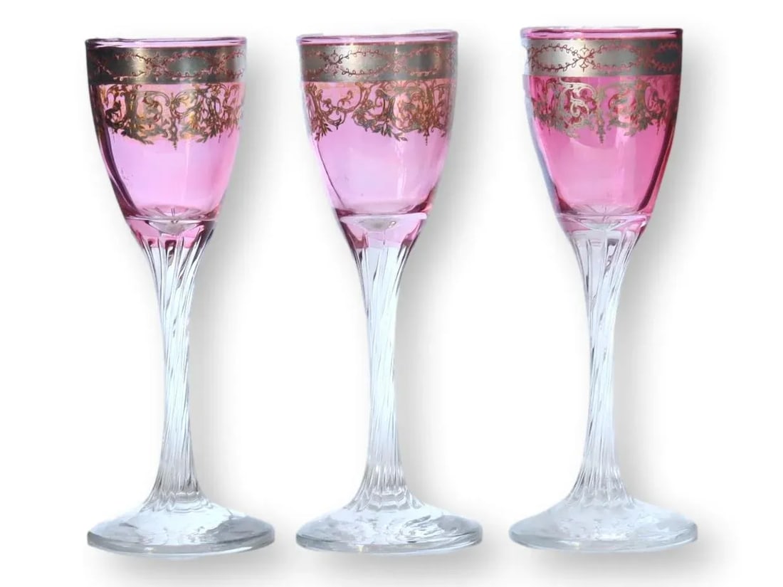 1920s Platinum & Cranberry Flash Stems, 11pcs - 2