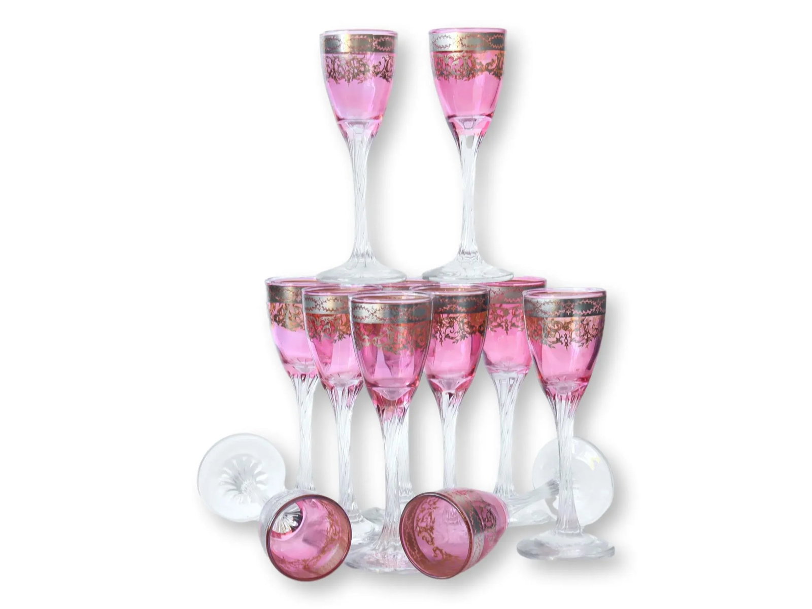 1920s Platinum & Cranberry Flash Stems, 11pcs - 4
