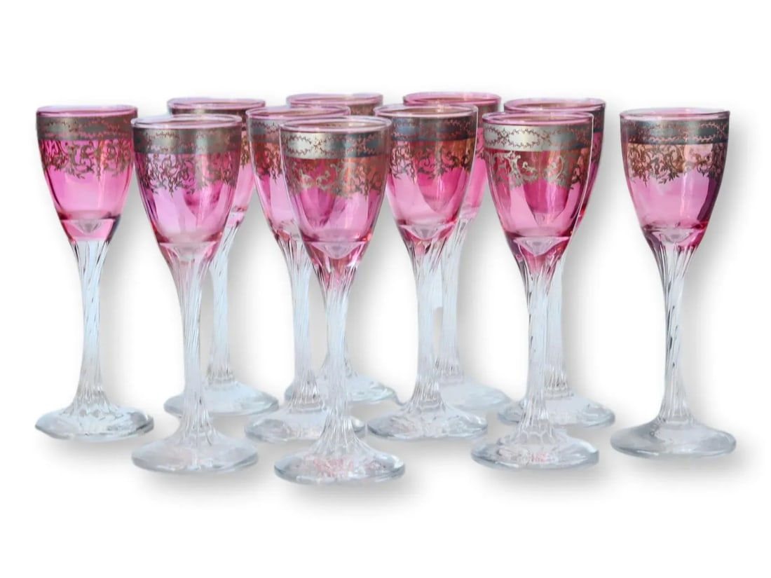 1920s Platinum & Cranberry Flash Stems, 11pcs - 5