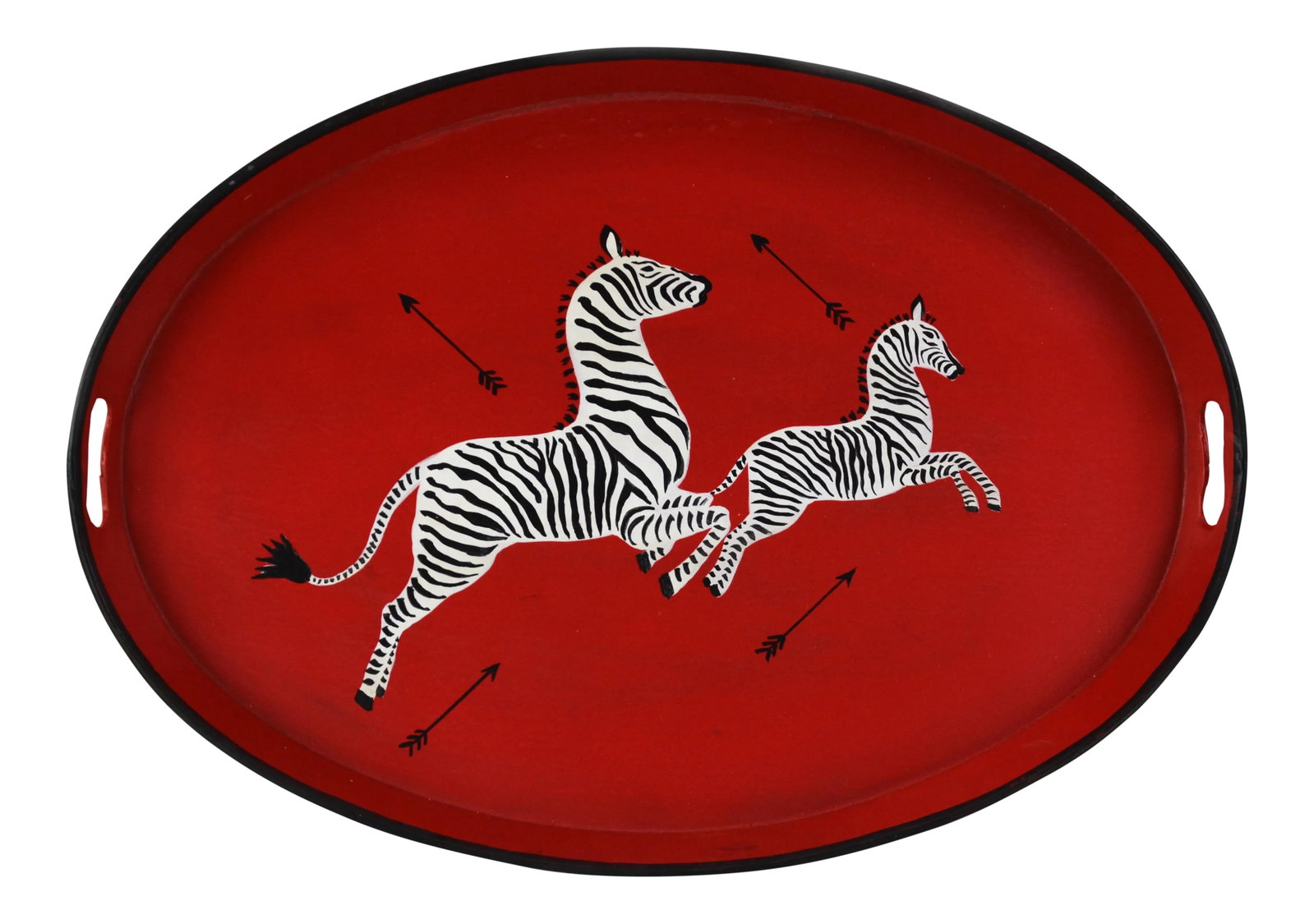 Oval Hand-Painted Zebra Decorative Tray: Two running zebras are hand-painted on this oval tray, and the arrows represent the power of the zebras in the running. Zebras not only have unique markings, but also unique behaviors. On the vast Afr