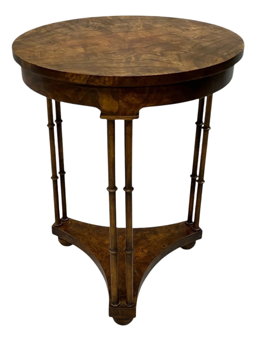 Vintage Baker Furniture Faux Bamboo Burl Walnut Side Drink Table: Baker Furniture Company faux bamboo leg walnut burl wood round side drink table. Light weight for easy placement. Has normal imperfections on top from age and use. Measures 16" diameter x 20.25" h. Se