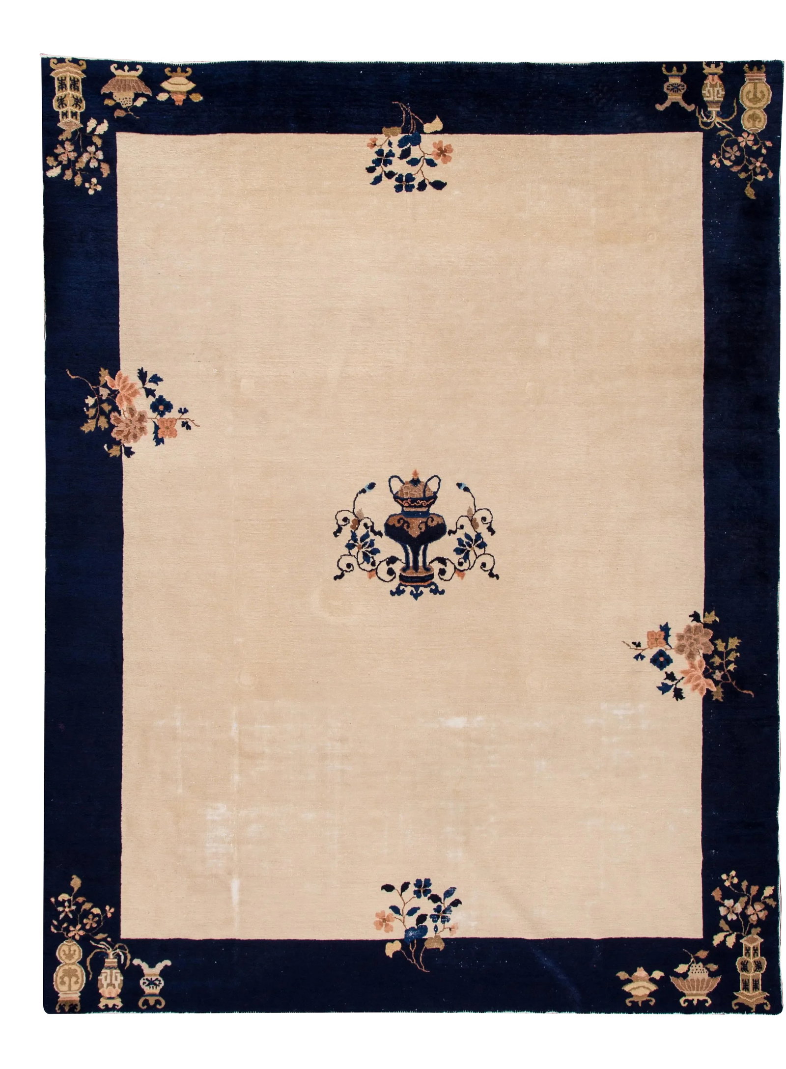 Antique Beige Peking Chinese Wool Rug 9 Ft X 11 Ft 6 In.: A beautiful antique Peking Chinese hand-knotted Wool rug with a beige field. This rug has a frame of blue and multi-color accents all-over Chinese design. This rug measures 9'0" x 11'6". Condition: