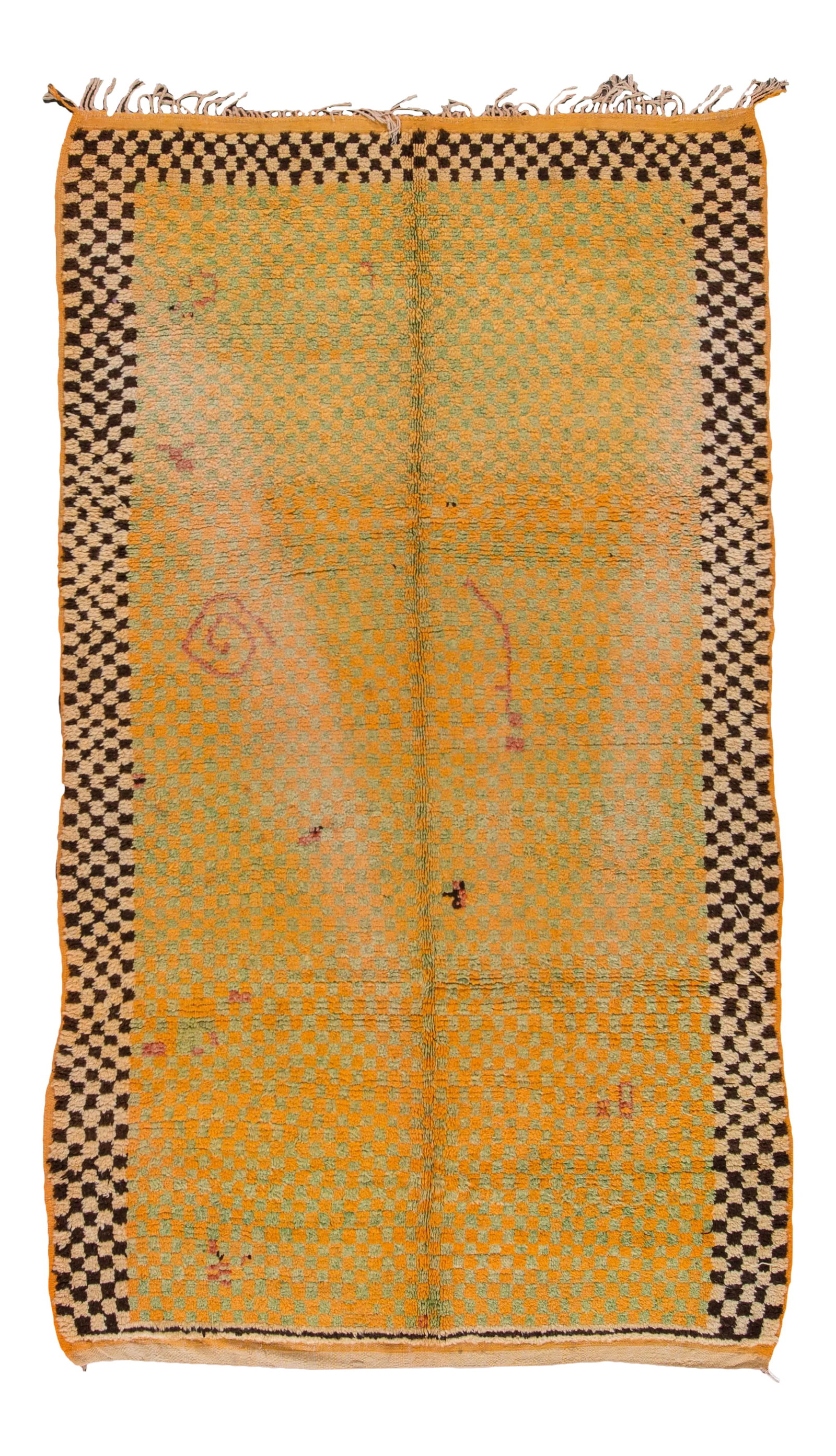 Mid-20th Century Vintage Moroccan Rug: Beautiful Vintage Moroccan Wool rug with an orange field and multi-color accents in all-over geometric design. This rug measures: 5'.5 x 9'.4 Condition: Alterations: Original Condition Unaltered Imper