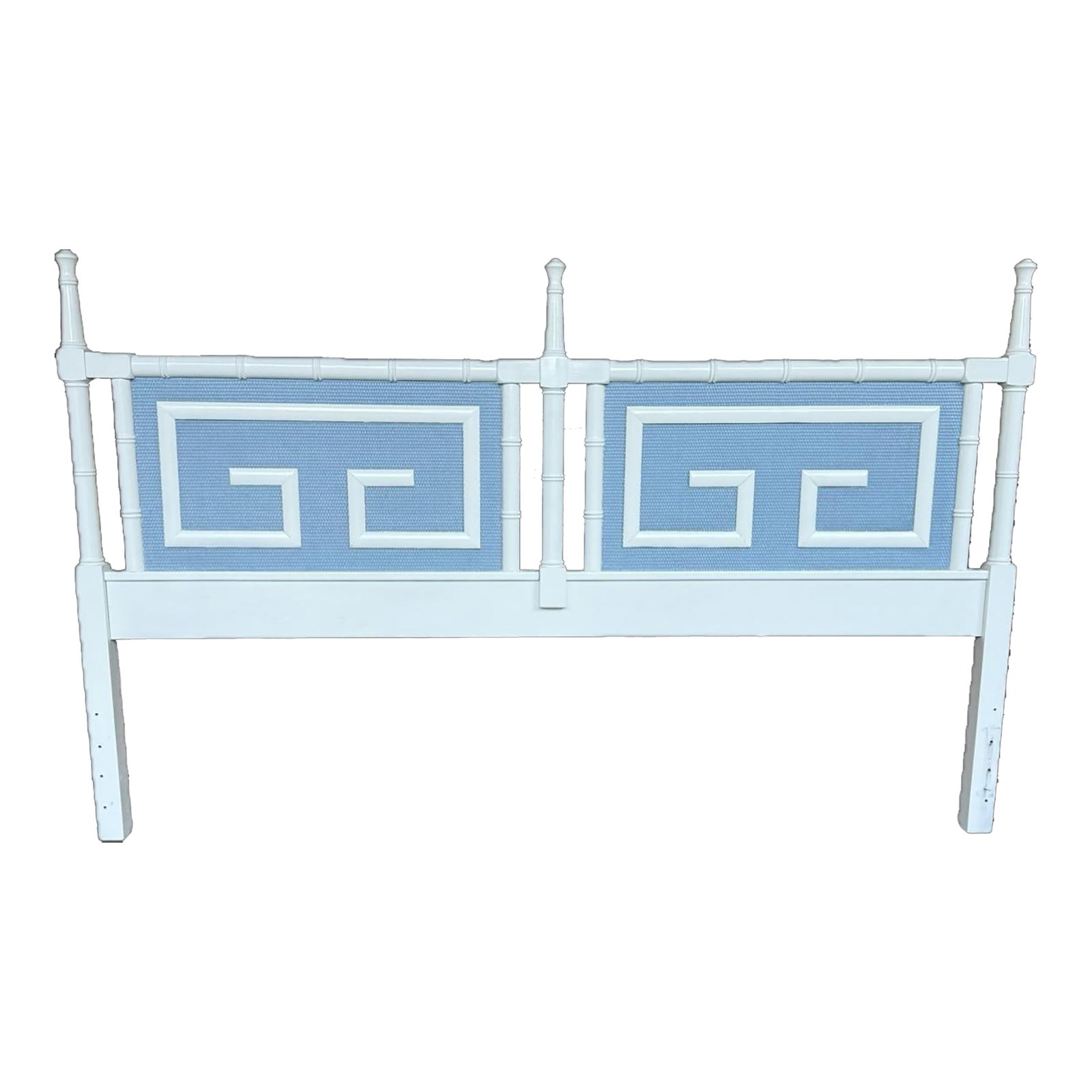 Vintage Palm Beach Regency Faux Bamboo King Size Headboard With Greek Key Motif - Newly Painted Fren: Introducing a stunning Vintage Palm Beach Regency Faux Bamboo King Size Headboard, beautifully adorned with a Greek Key Motif and recently painted in an eye-catching French Blue and White color