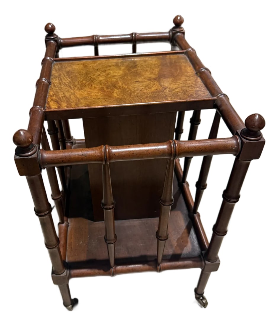 Baker Furniture Magazine Rack Faux Bamboo: Baker Furniture Company magazine rack with inlaid burl wood and carved faux bamboo sides. Lovely original finish on a practical accent table/magazine rack. Condition: Alterations: Original Condition U