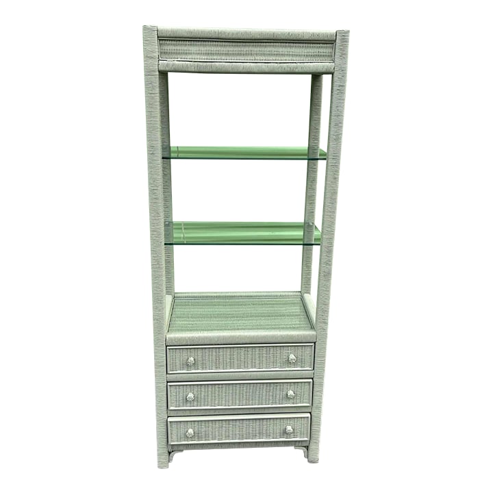 Henry Link Lexington Coastal Wicker Etagere 1980s - Newly Painted in Sage: Surf's up for this classic coastal furniture! Henry Link Lexington Coastal Wicker etagere Circa 1980s - Newly Painted in Sage. Lighted and with glass shelves. The matching dresser and mirror set are