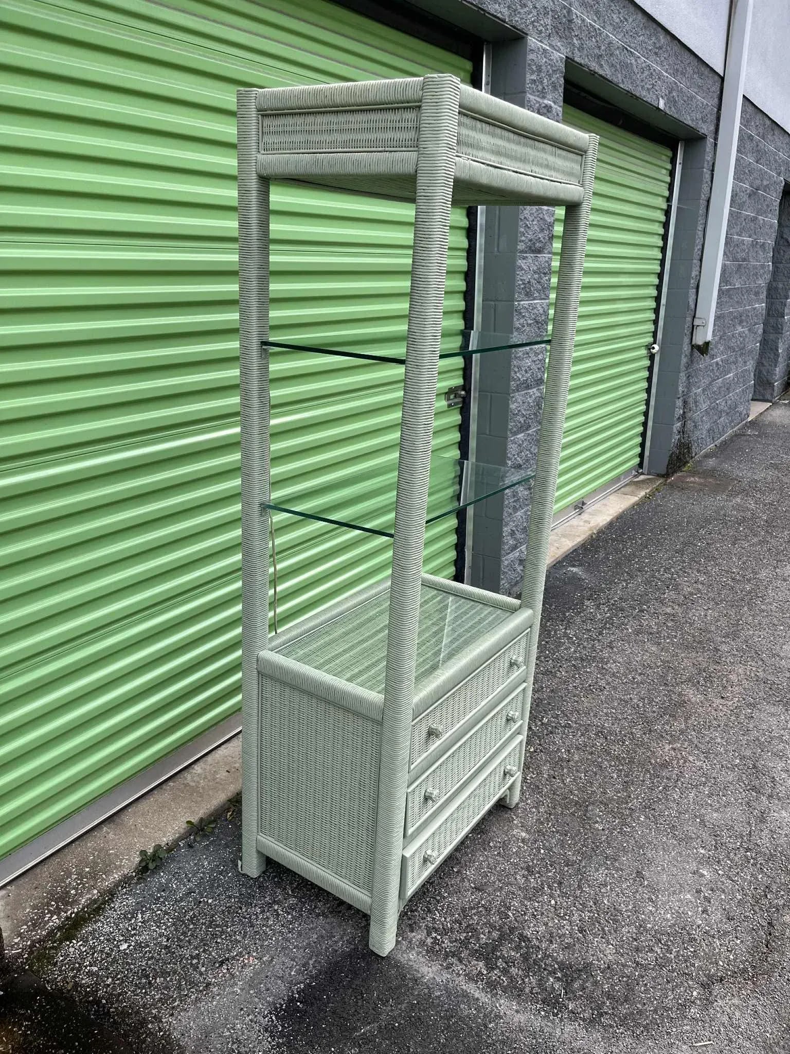 Henry Link Lexington Coastal Wicker Etagere 1980s - Newly Painted in Sage - 3