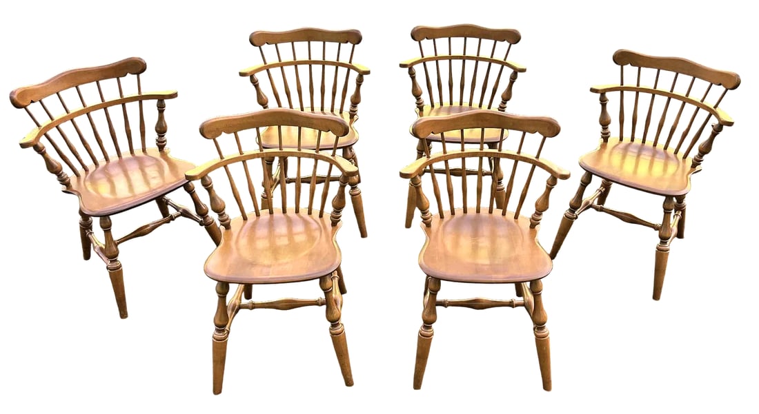 Ethan Allen Vintage American Traditional Nutmeg Birch and Maple Windsor Dining Chairs - Set of 6 - M: Ethan Allen Vintage American Traditional Nutmeg Birch and Maple Windsor Dining Chairs - Set of 6 - Mid 20th Century Condition: Alterations: Original Condition Unaltered Imperfections: Some
