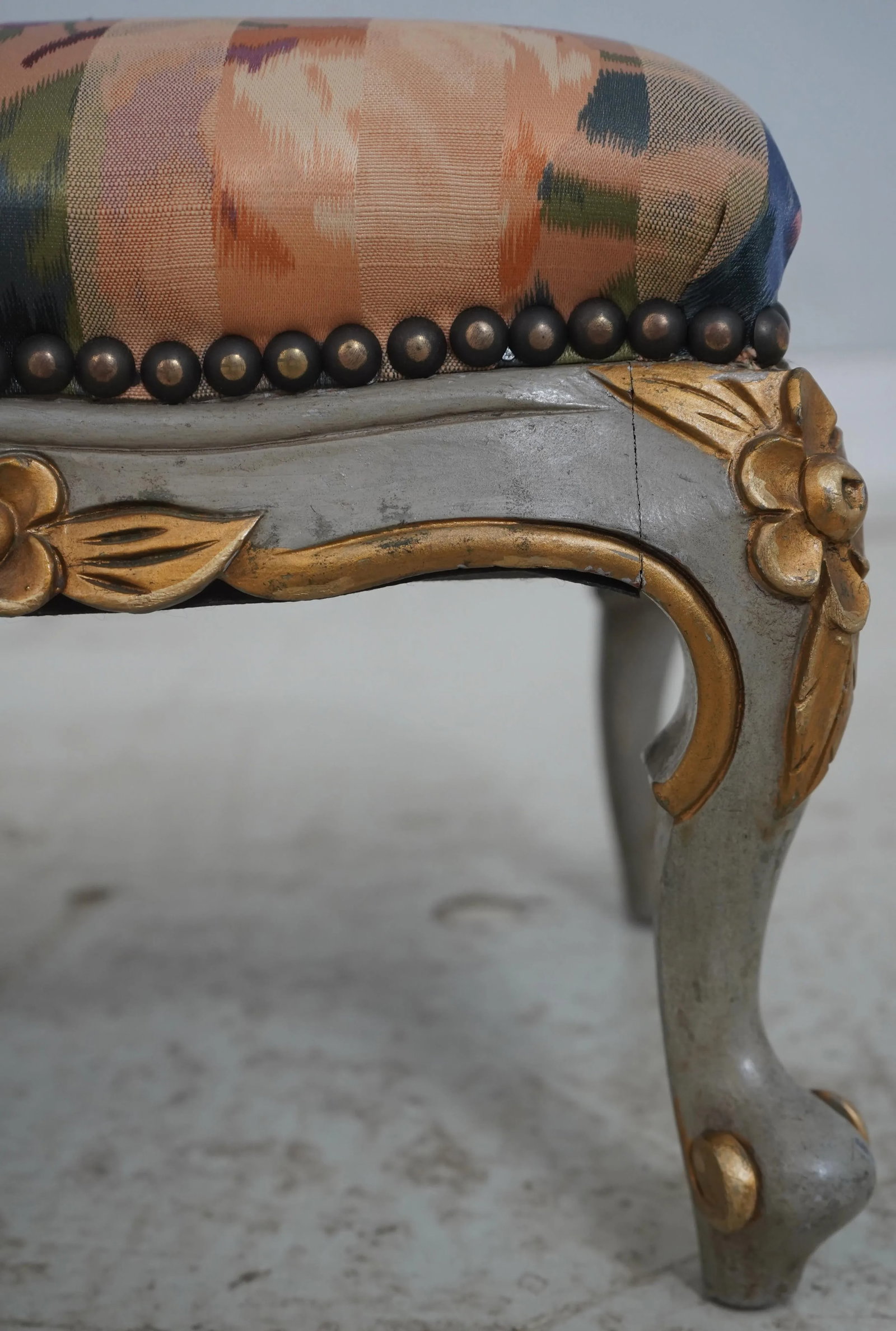 Pair French Louis XV Style Painted & Upholstered Ottoman Stools - 11