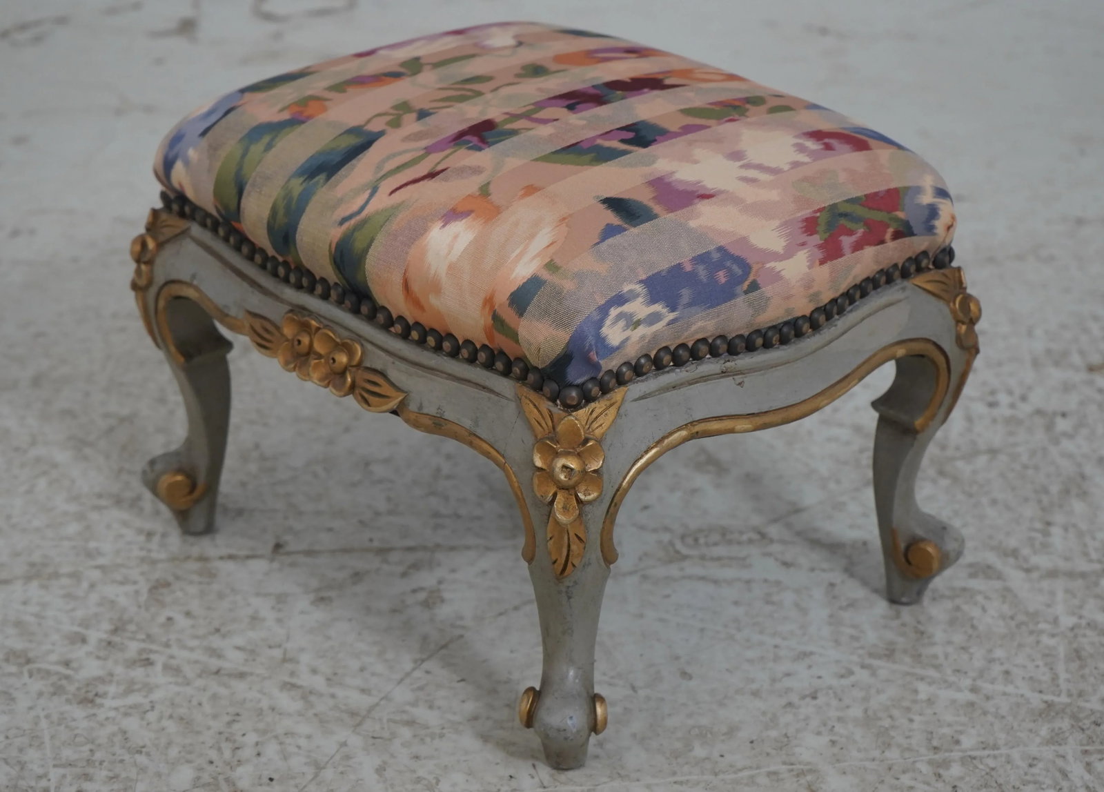 Pair French Louis XV Style Painted & Upholstered Ottoman Stools - 2