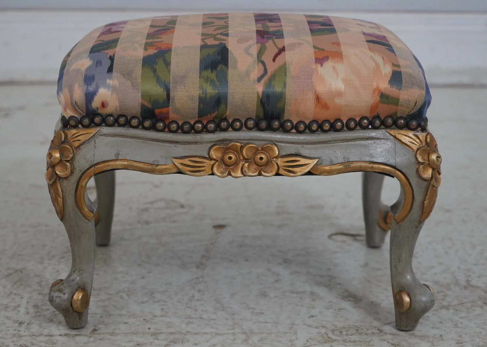 Pair French Louis XV Style Painted & Upholstered Ottoman Stools - 4