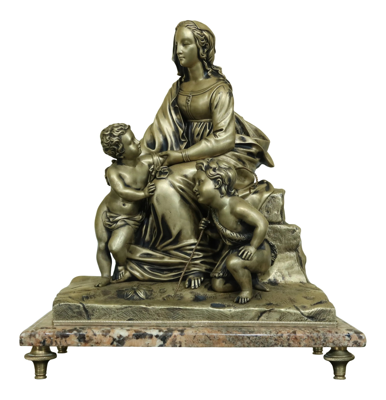 Vintage Solid Bronze Sculpture of Madonna & Children: Approx: 80 Years Old Exceptional Sculpture High Quality Construction Fine Details On Marble Base Wonderful Brass Patina UPS $65 Condition: Excellent Clean Original Finish & Condition Size: 15w x 8d x