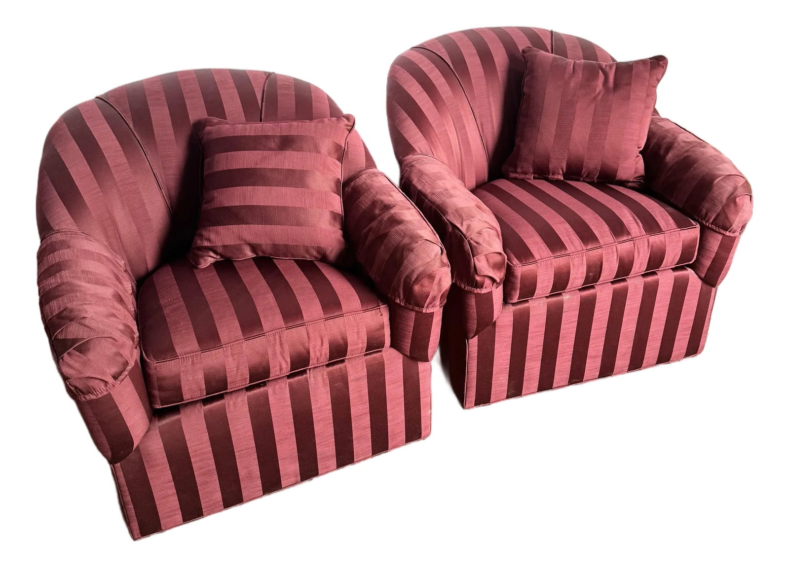 Vintage Regency Red Striped Swivel Lounge Chairs by Ethan Allen - A Pair: This elegant pair of vintage Ethan Allen lounge chairs brings timeless Regency flair to any space. Upholstered in a bold red striped fabric, the chairs feature gracefully rounded barrel backs, plush