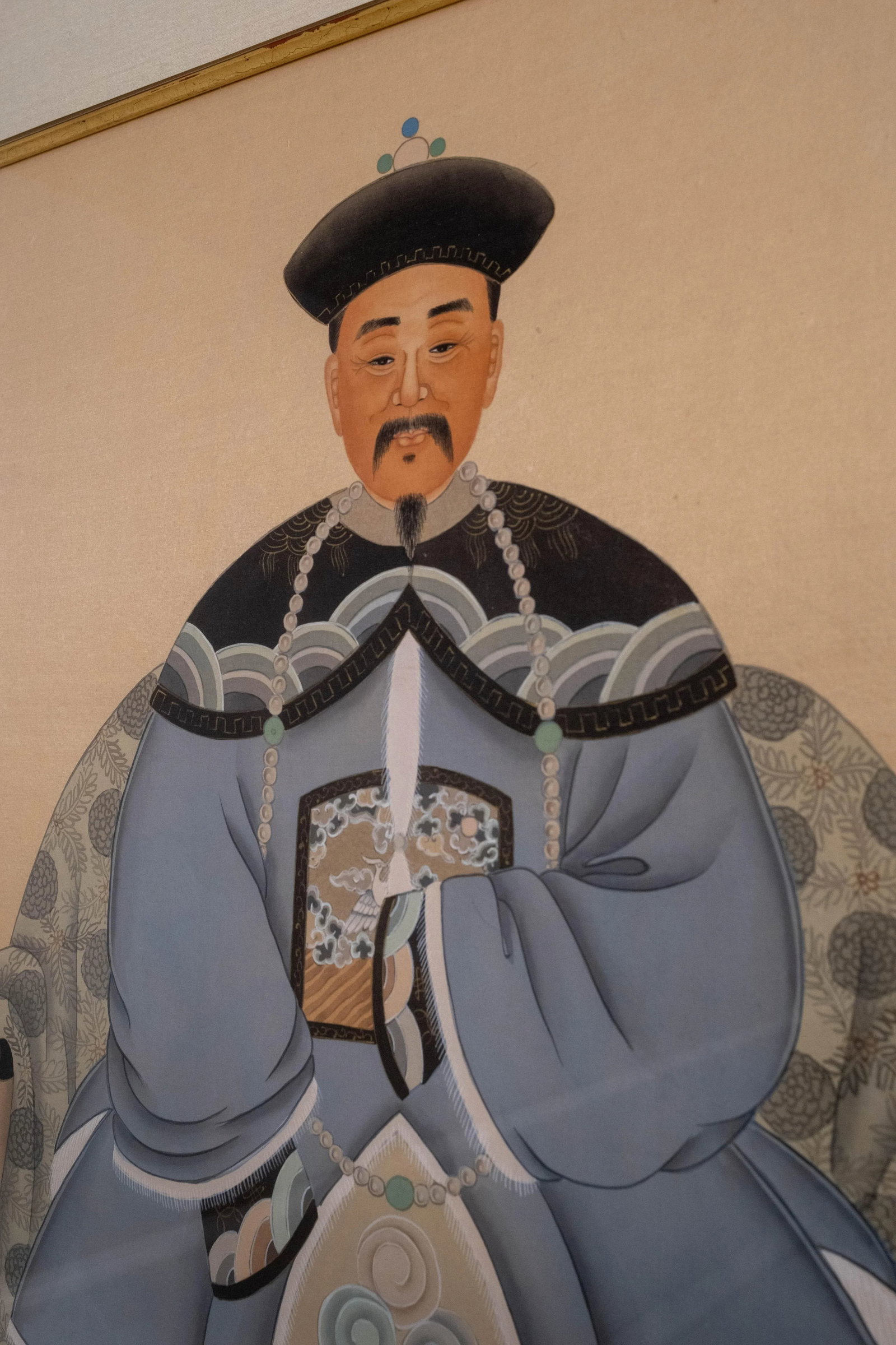 Pair Vintage Chinese Ancestral Painted on Silk Framed Portraits - 13