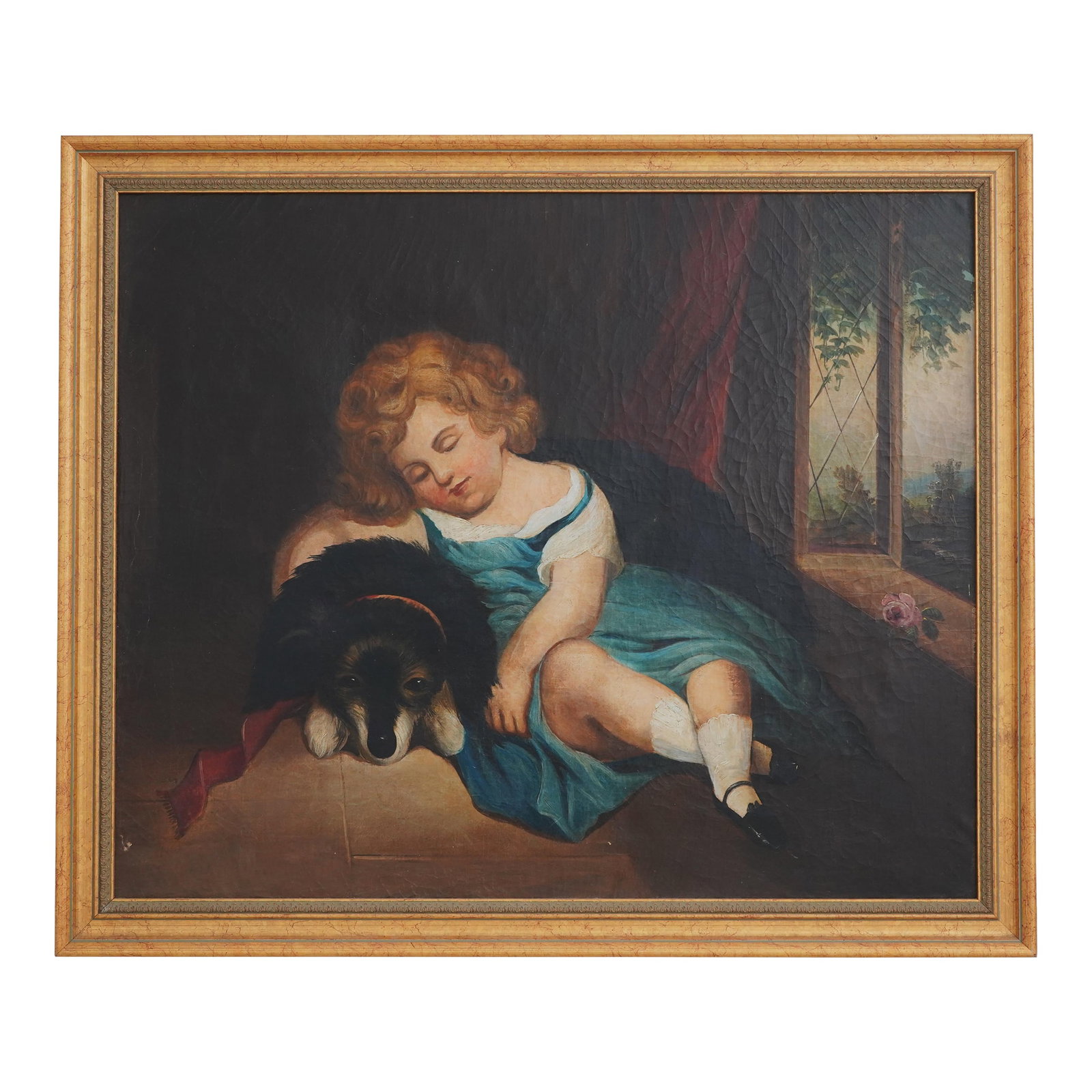 Framed 19th Century Oil Painting on Canvas of Child W. Dog: Age: 1840's-1880's Details: Antique 19th Century Painting Early American Art Painting Vibrant Colors & Details Nice Gold Finish Frame Artist Unknown Condition: Excellent Original Finish & Condition Si