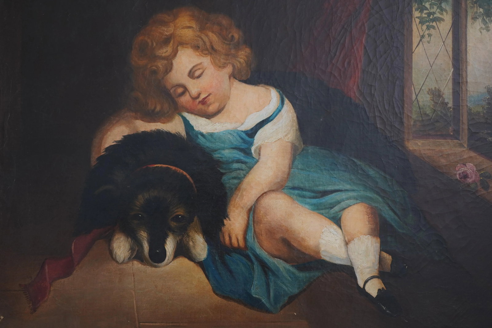 Framed 19th Century Oil Painting on Canvas of Child W. Dog - 4