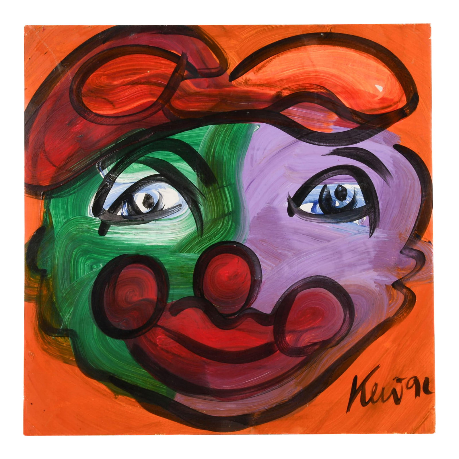 Signed Peter Keil "Carnival Reflections 91" Oil on Masonite: This Signed Peter Keil "Carnival Reflections 91" Oil on Masonite, takes the familiar image of a clown and injects it with emotional charge and visual impact. The face, split between cool lavender and 