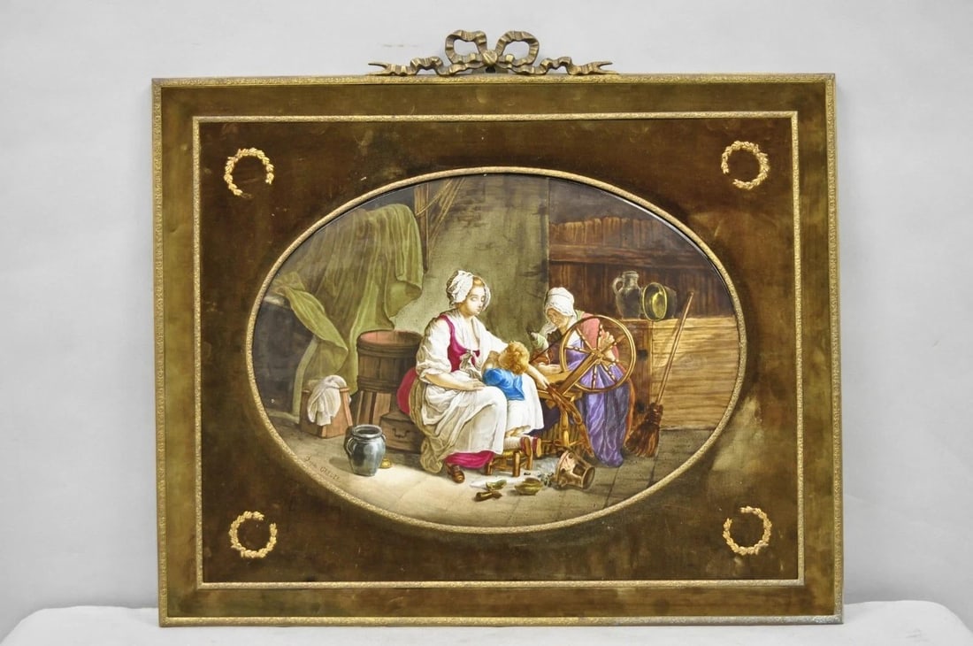Antique French Painted Porcelain Framed Wall Plaque Signed Jean-Baptiste Greuze - 12