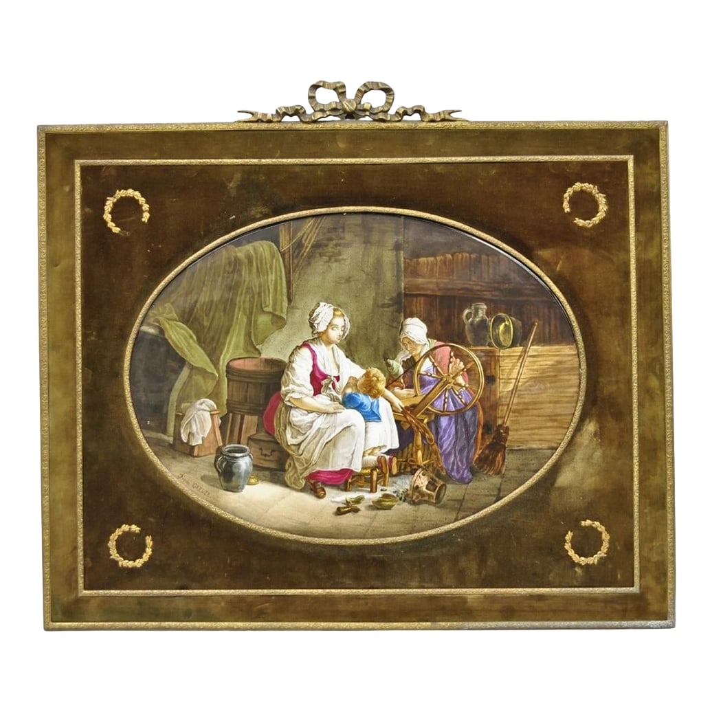 Antique French Painted Porcelain Framed Wall Plaque Signed Jean-Baptiste Greuze: Antique French Victorian Painted Porcelain Wall Plaque "Punishment of a Child" signed Jean-Baptiste Greuze. Artwork entitled 'Correction Maternele Dediee a Madame la Duchesse de Brancas'. Set in bronz