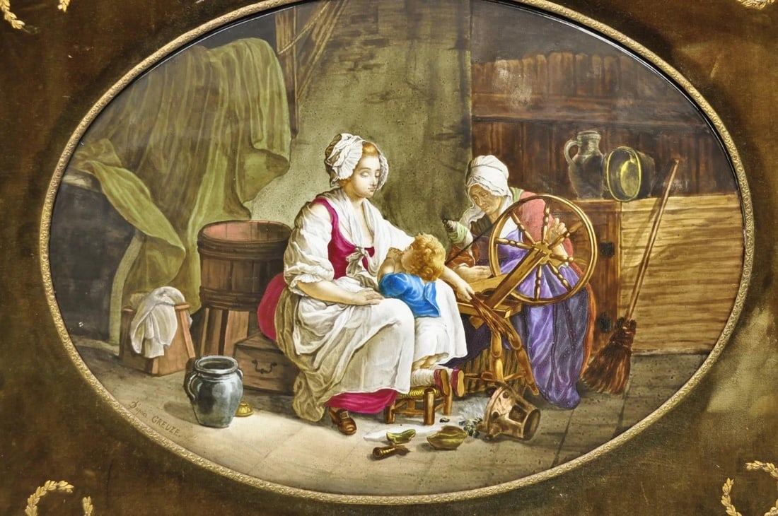 Antique French Painted Porcelain Framed Wall Plaque Signed Jean-Baptiste Greuze - 3