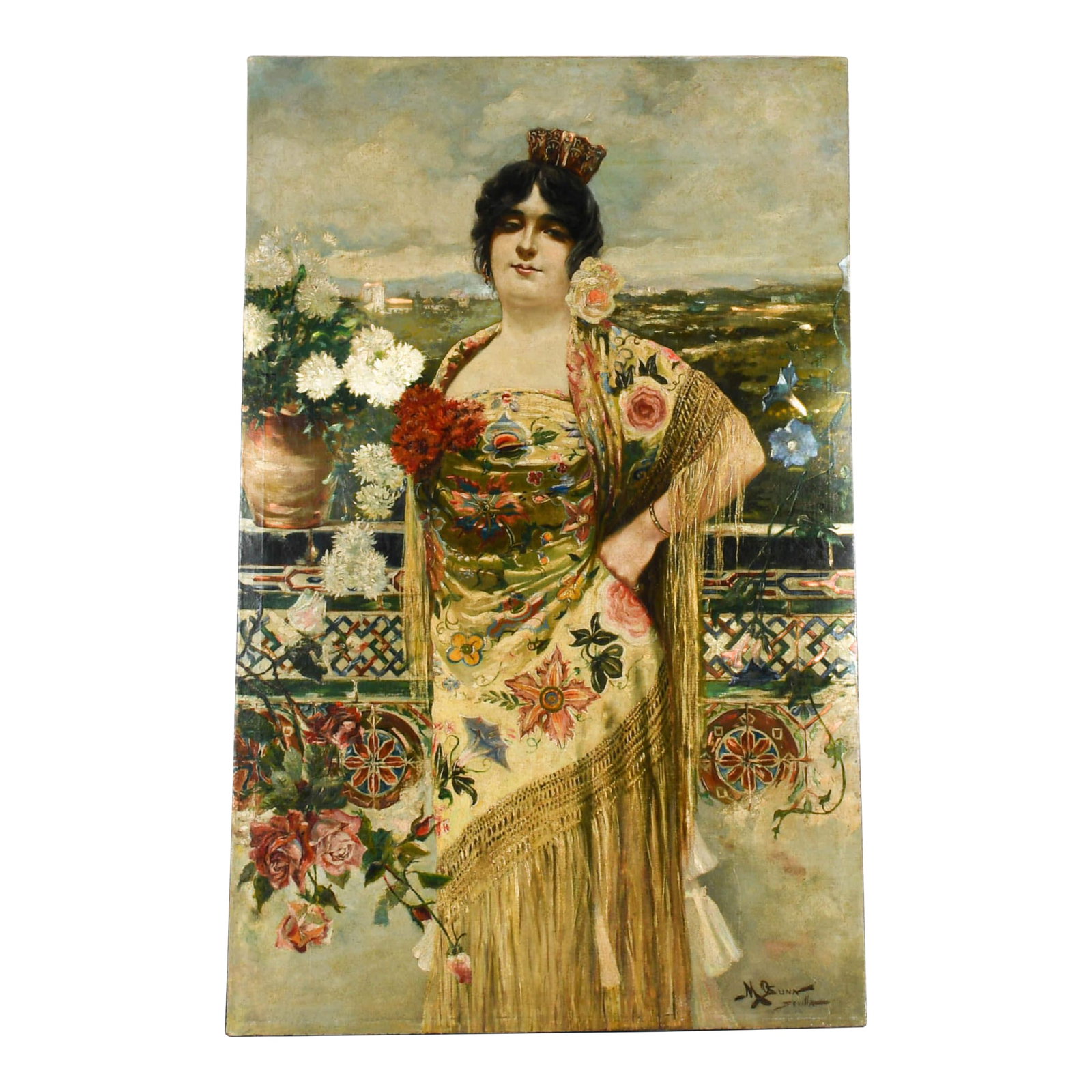Antique Signed Manuel Ozuna Spanish Portrait Oil on Canvas: This Antique Signed Manuel Ozuna Spanish Portrait Oil on Canvas features a richly detailed portrait of a woman adorned in traditional Spanish attire, including a floral embroidered shawl and fan-like