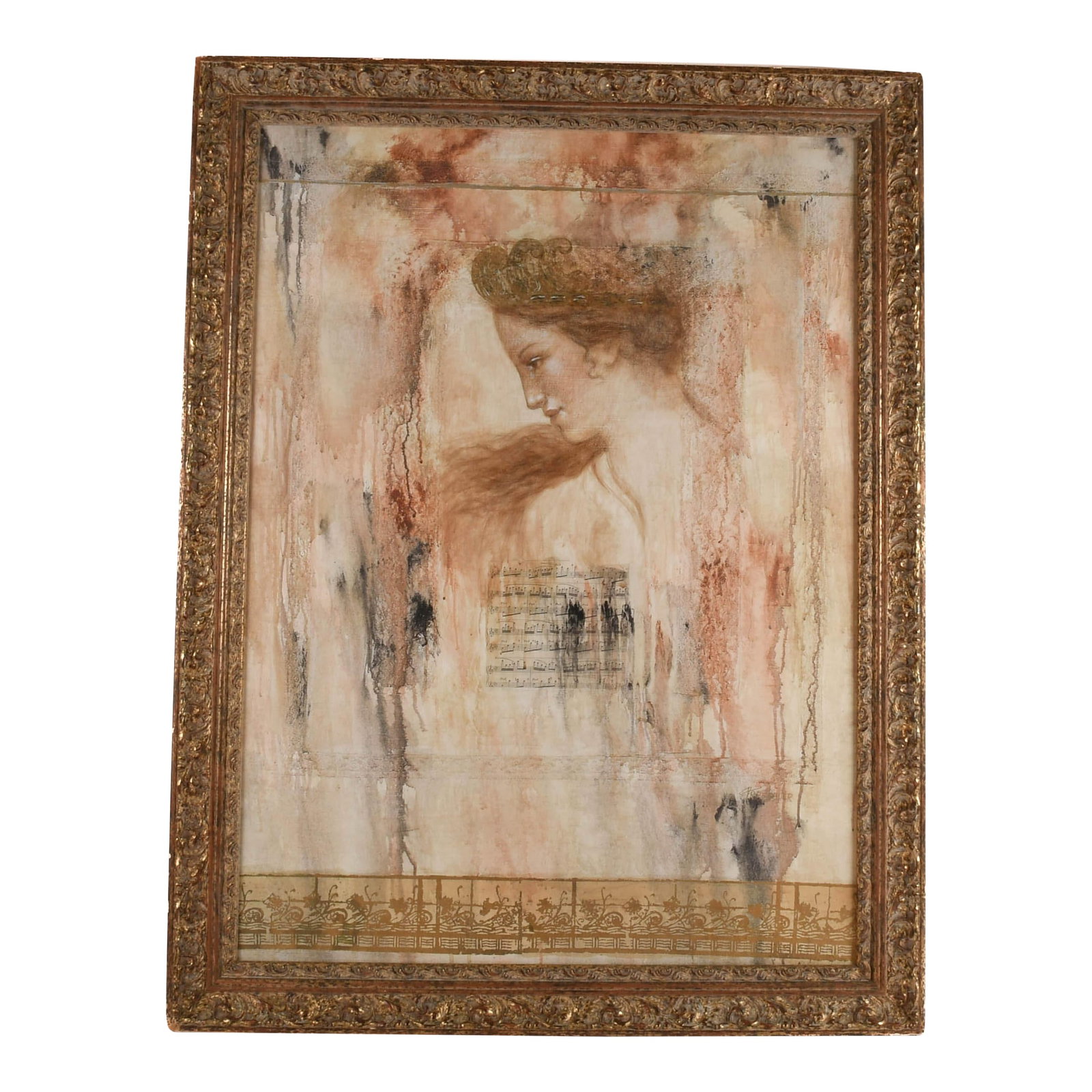 Framed Signed Francois Fressinier Mixed Media Painting: This Framed Signed Francois Fressinier (b. 1968) Mixed Media Painting is an ethereal and romantic portrayal of a contemplative woman set against a dreamlike, abstract background. Soft brushstrokes and