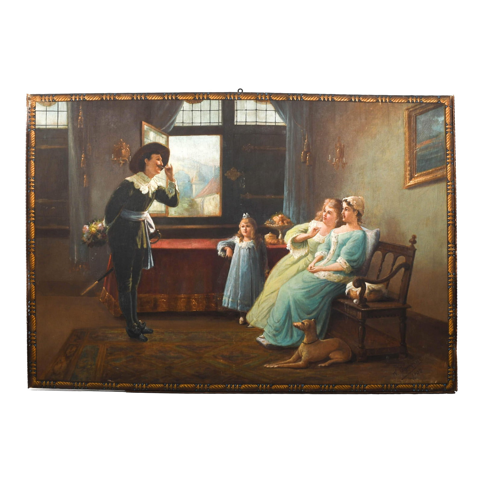 Large Partially Framed Signed v. Campini Painting: This Large Partially Framed Signed V. Campini Painting presents an elegant and theatrical interior scene, rich with classical detail and romantic charm. Signed by the artist V. Campini, this painting