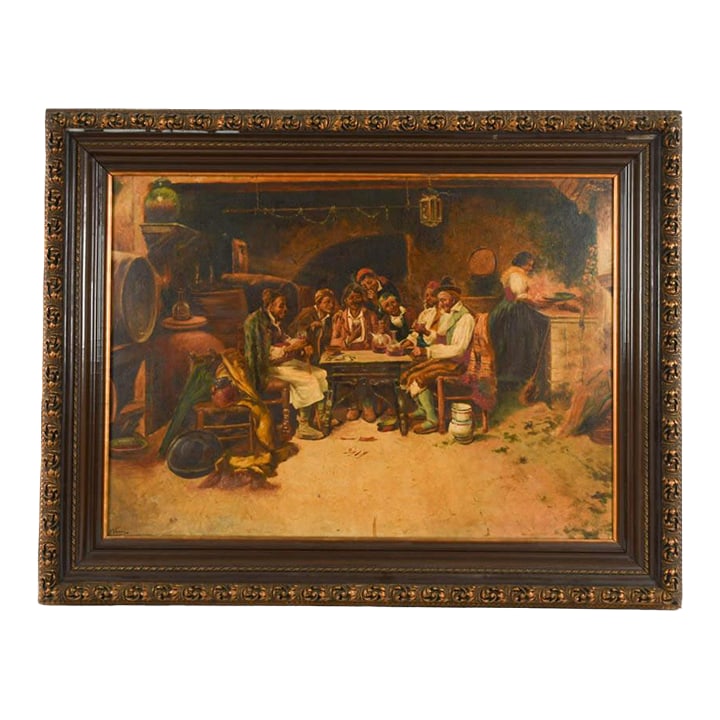 Antique Framed Signed E. Venni Wine, Bread, and Brotherhood Oil on Canvas: Bring warmth and character to your space with this Antique Framed Wine, Bread, and Brotherhood Oil on Canvas Painting Signed by E. Venni. This richly detailed work captures a lively interior tavern