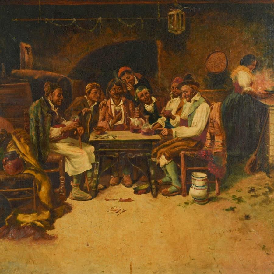 Antique Framed Signed E. Venni Wine, Bread, and Brotherhood Oil on Canvas - 2
