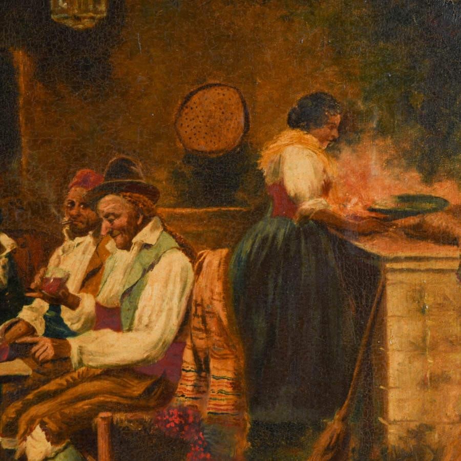 Antique Framed Signed E. Venni Wine, Bread, and Brotherhood Oil on Canvas - 4