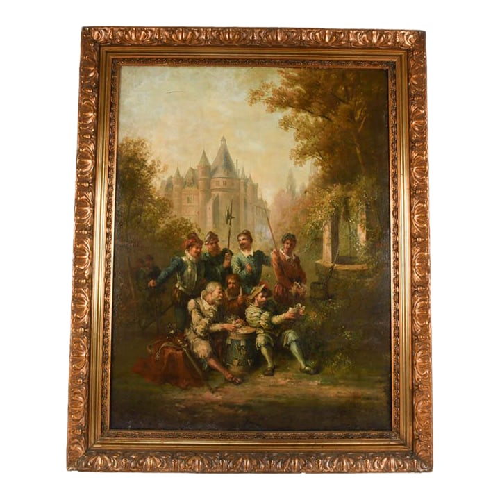 Antique Framed Signed Carlo Rossi Merriment in the Garden Oil on Canvas: Elevate your collection with this exquisite antique Merriment in the Garden oil on canvas Painting signed by Carlo Rossi (1921-2010). Housed in a richly detailed gilt frame, the artwork captures a