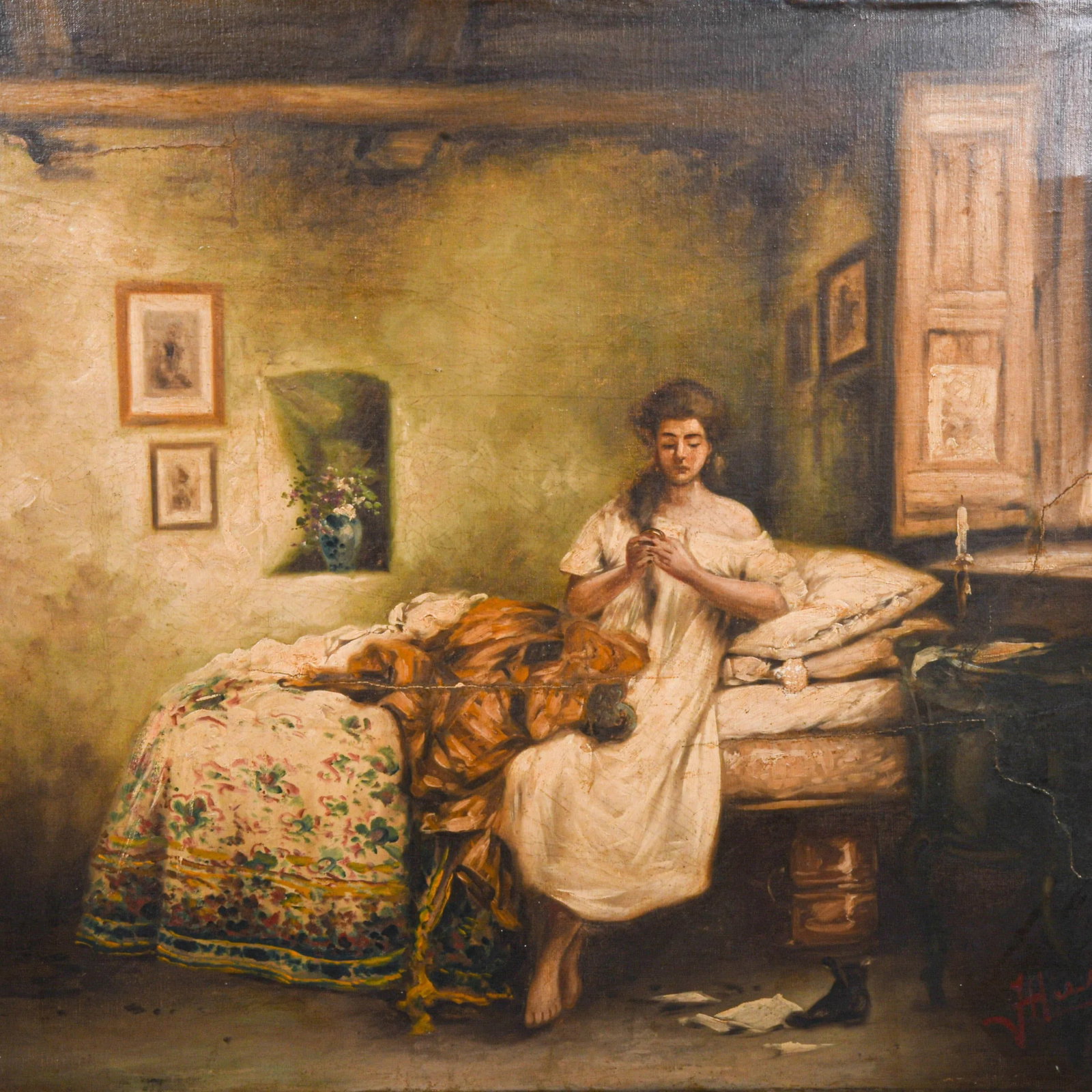 Antique Framed Signed "Sadness" After Gerolamo Induno - 2