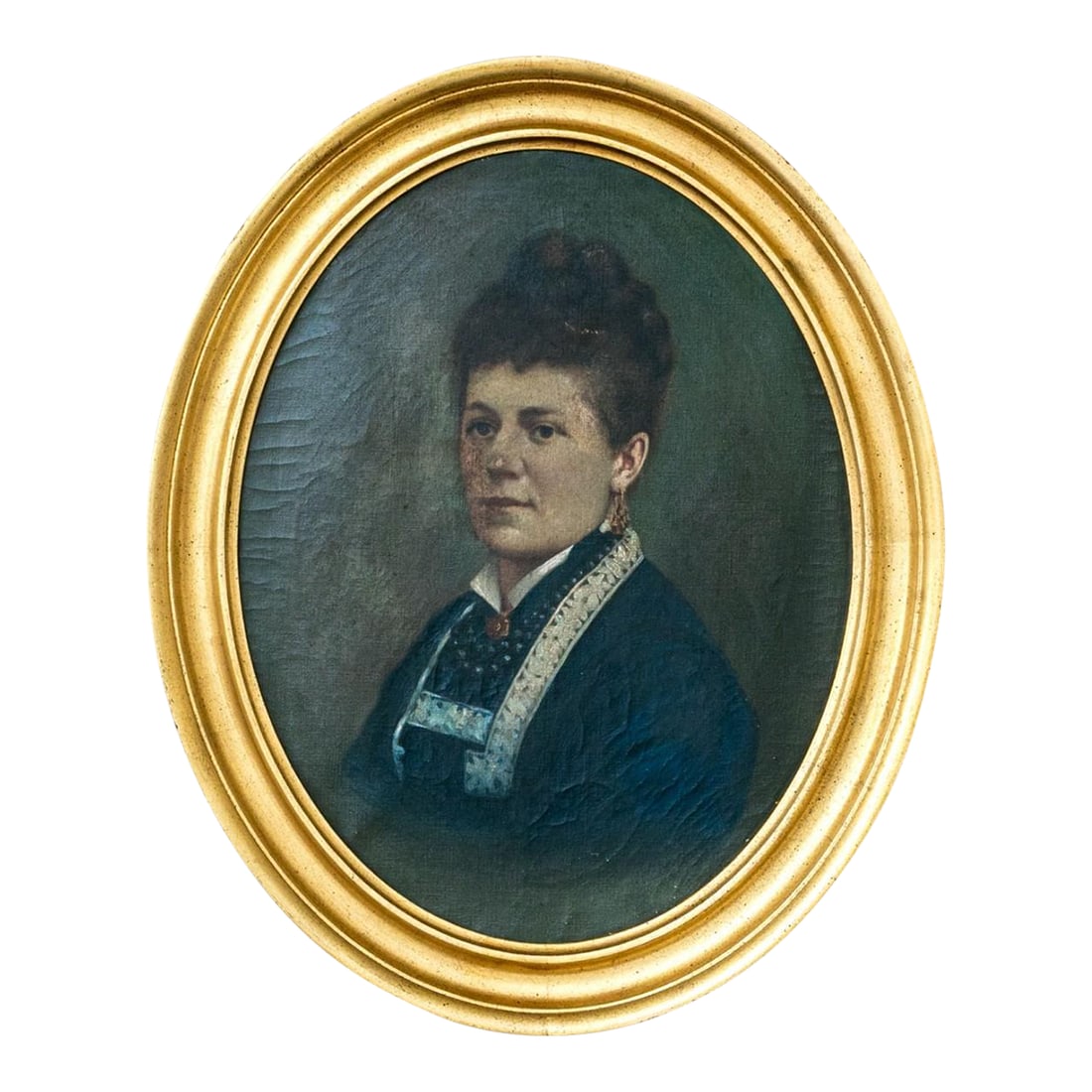 Beautiful Portrait of a Woman, 19th Century Oil on Canvas: A beautiful 19th century oil on canvas portrait of a woman with a dark brunette updo looking to the left, wearing a dark blue outfit with white embroidered decoration. The woman is nicely