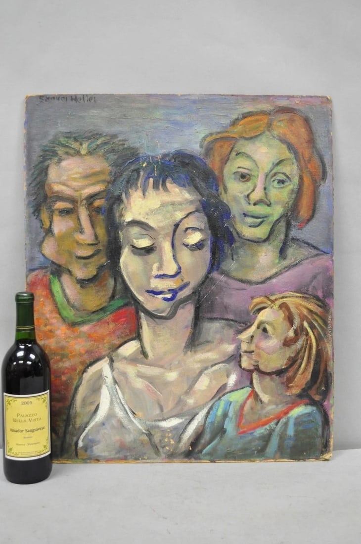 Vintage Samuel Heller "Family Portrait W/ Child B" Oil on Board Painting Signed - 10