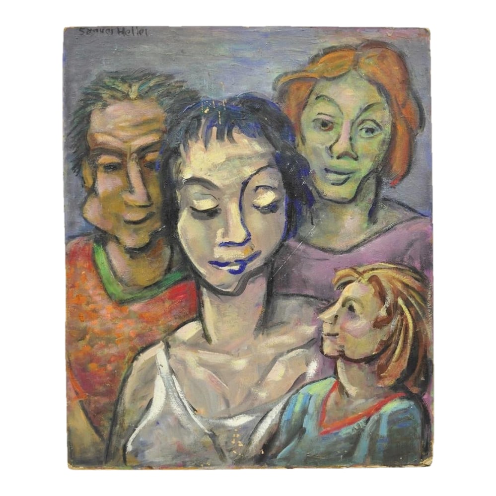 Vintage Samuel Heller "Family Portrait W/ Child B" Oil on Board Painting Signed (1 of 10)