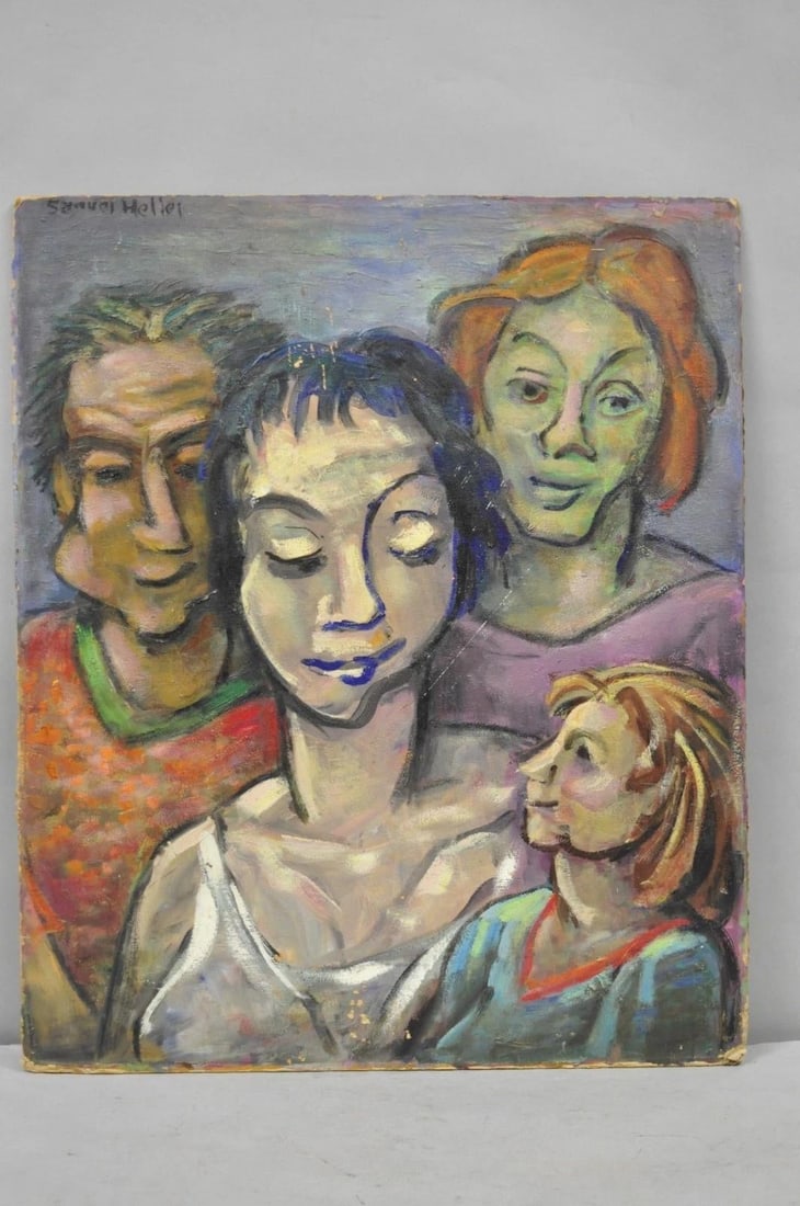 Vintage Samuel Heller "Family Portrait W/ Child B" Oil on Board Painting Signed - 2