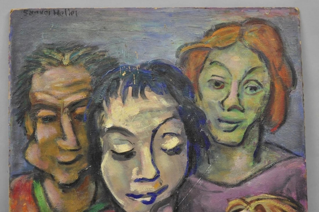 Vintage Samuel Heller "Family Portrait W/ Child B" Oil on Board Painting Signed - 3