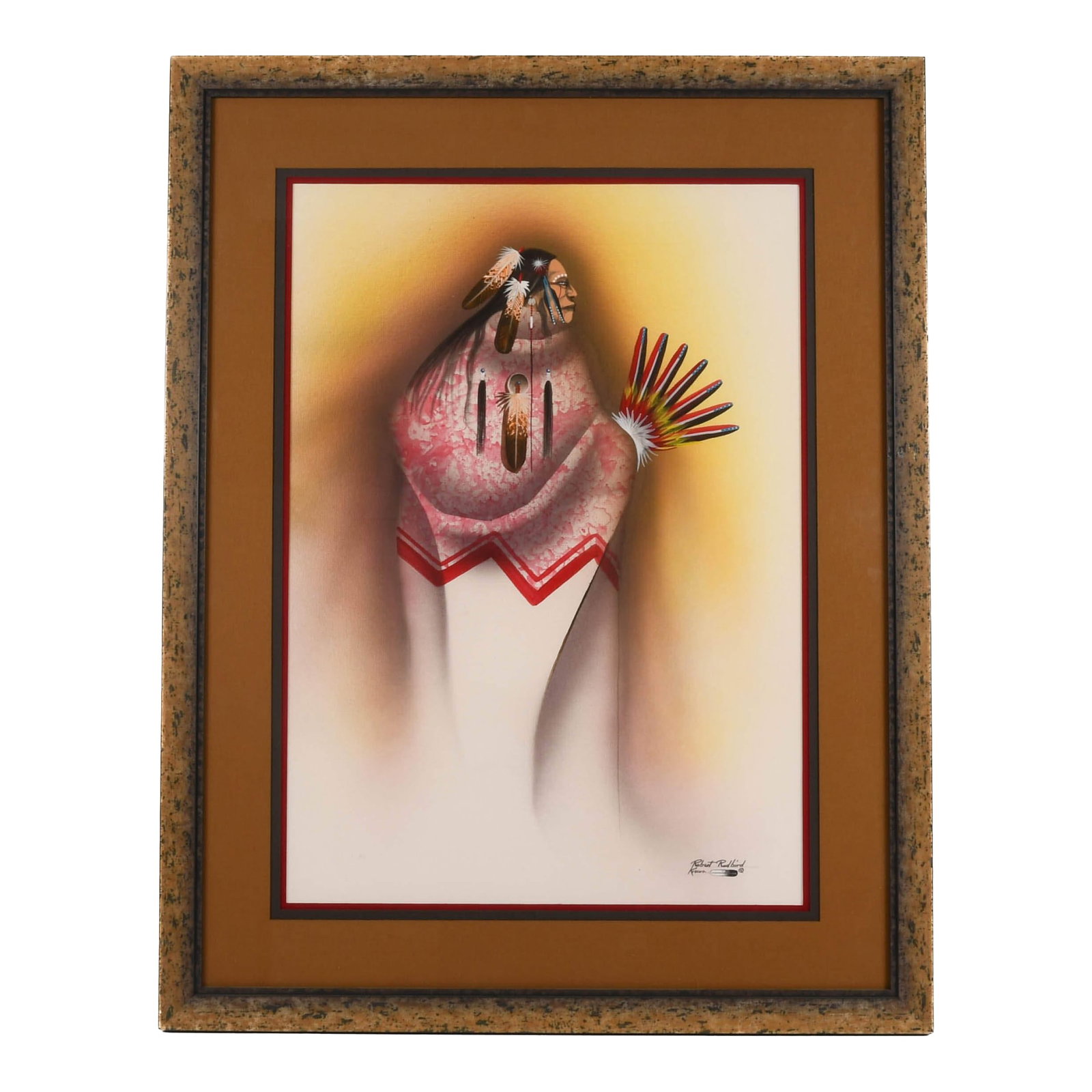 Framed Signed Robert Redbird Sr. Original Watercolor Kiowa Artwork: This striking Framed Signed Robert Redbird Sr. (1939-2016) Original Watercolor Kiowa Artwork beautifully captures the spirit and tradition of Native American culture. The composition features a