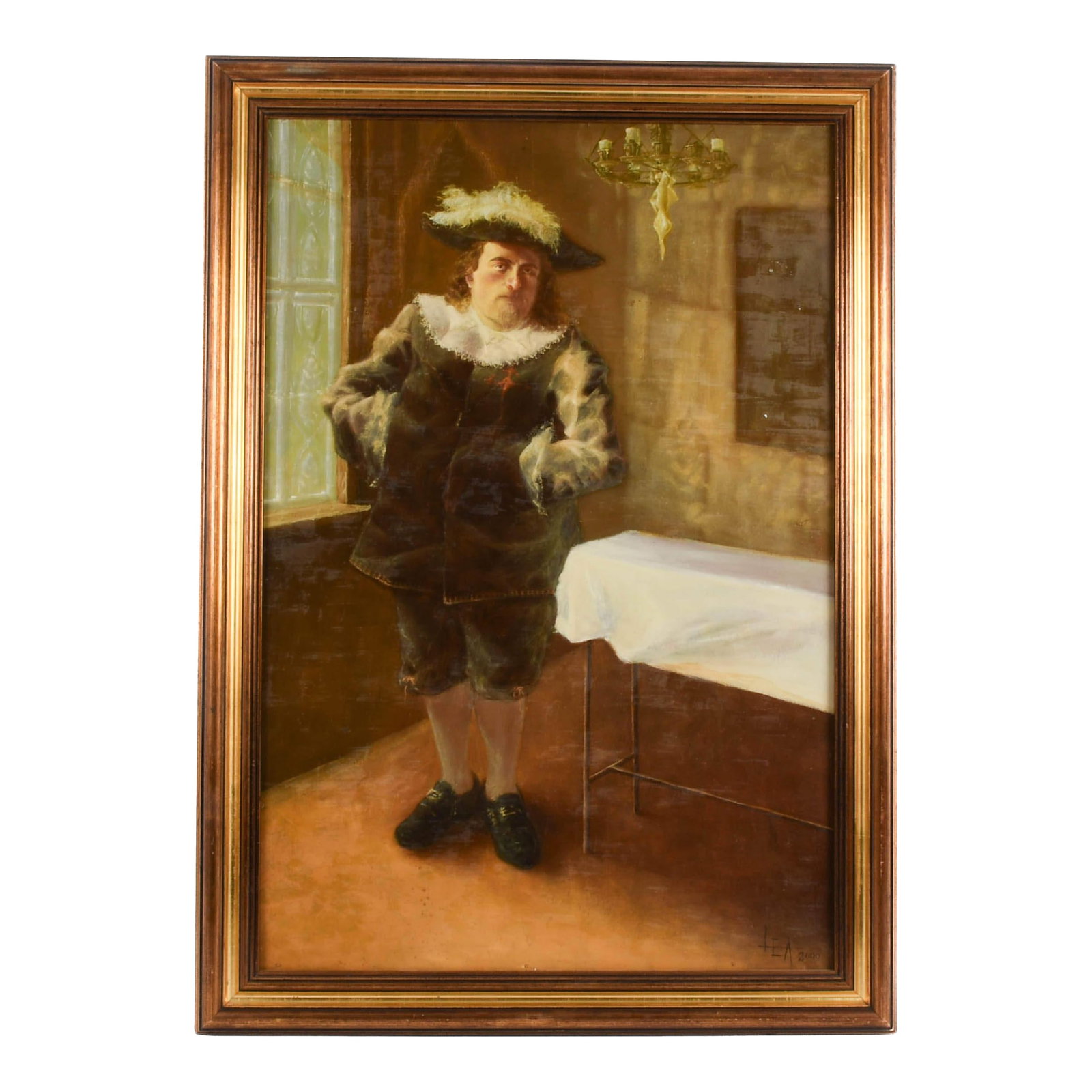 Framed Signed Dutch School-Style Gentleman Oil on Board: This Framed Signed Dutch School-Style Gentleman Oil on Board depicts a rotund gentleman dressed in period attire, complete with a ruffled collar, feathered hat, and dark velvet doublet. Standing