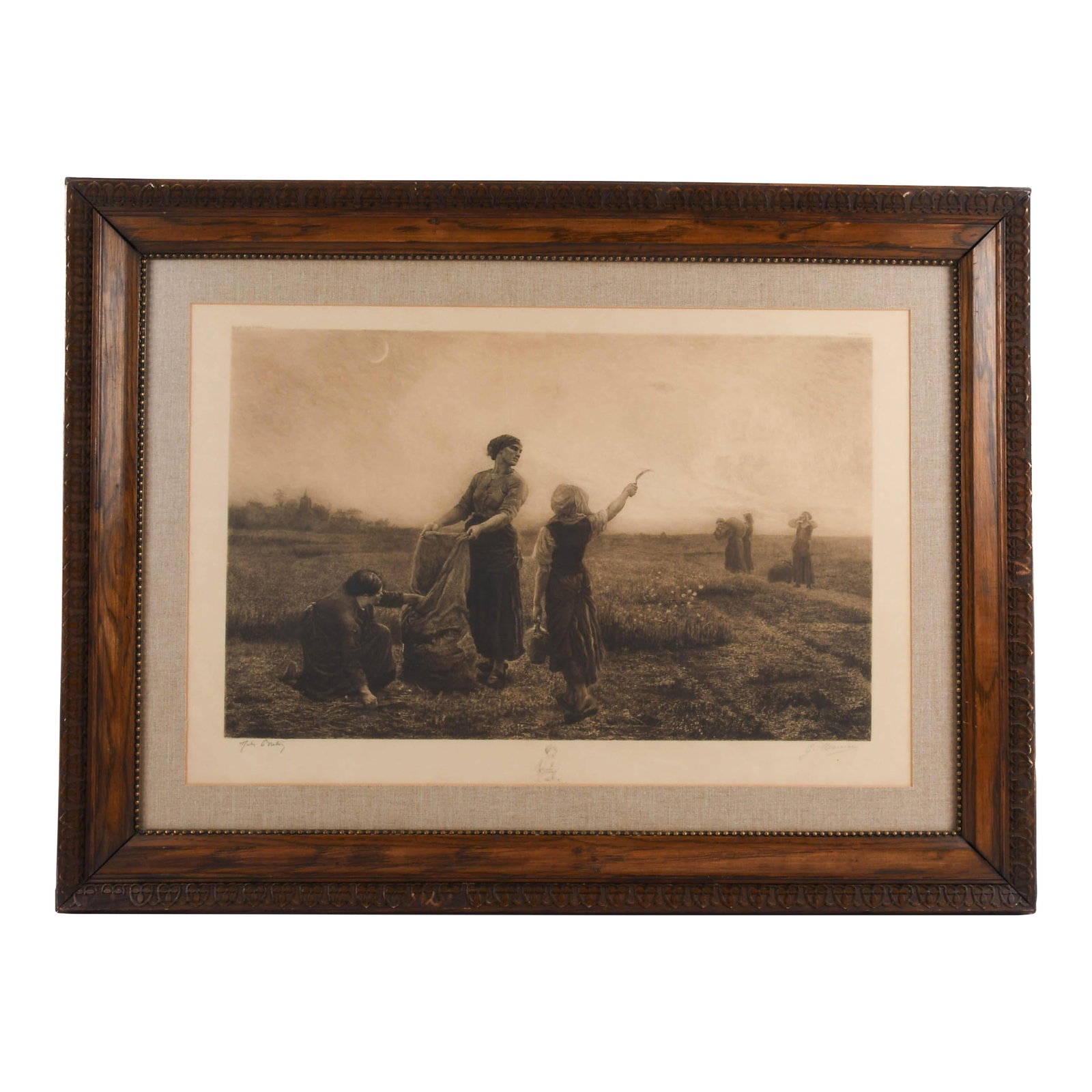 Framed Signed G. Mercie Lithograph "A Day in the Field" After Jules Breton: This Framed Signed G. Mercie Lithograph "A Day in the Field" After Jules Breton (1827-1906) is a beautifully rendered piece that captures the poetic essence of rural life. Set in a soft sepia tone,