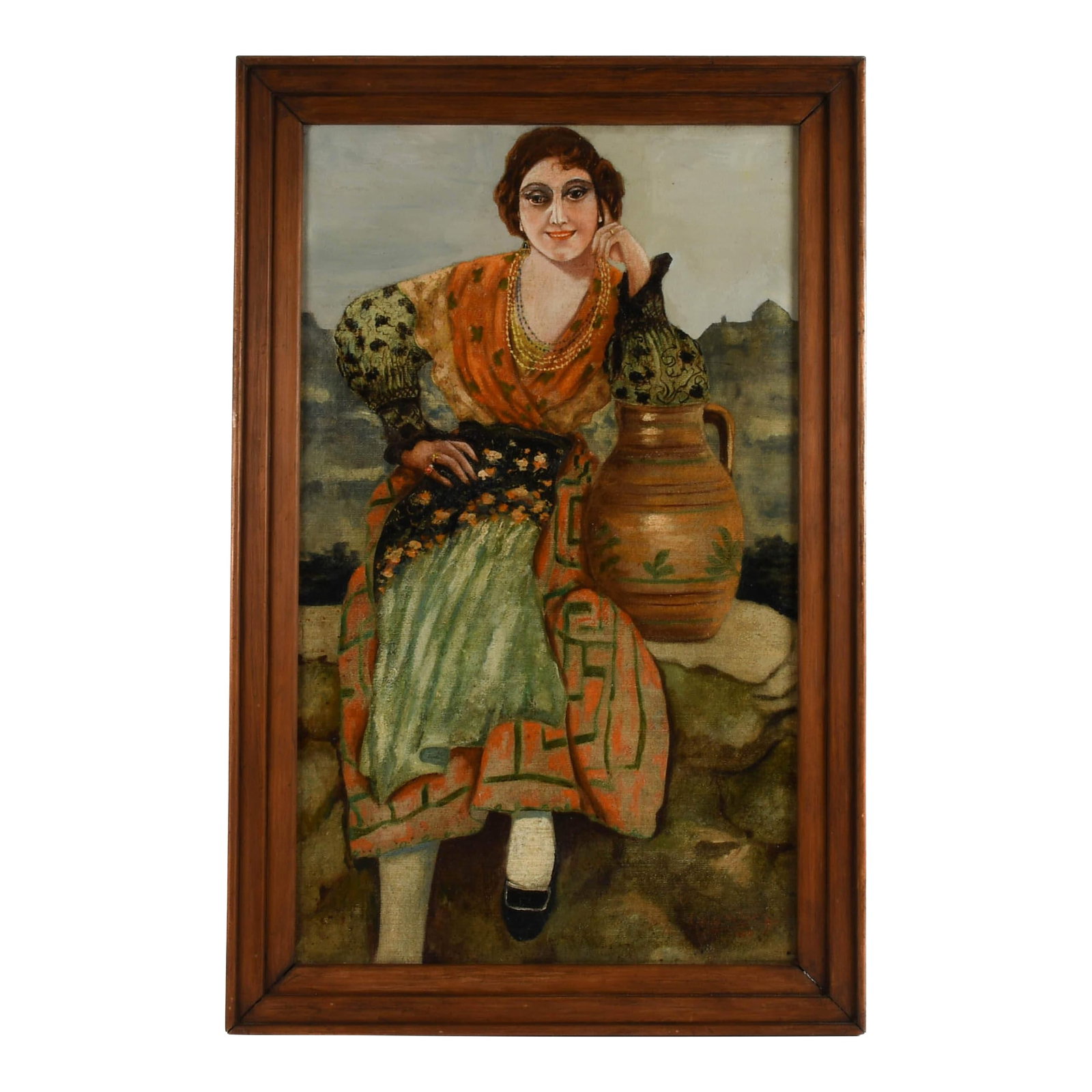 Framed Signed Portait of a European Woman Oil on Canvas: This Framed Signed Portrait of a European Woman Oil on Canvas depicts a confidently posed figure seated beside a large earthenware jug, with a loosely suggested mountainous landscape stretching out be